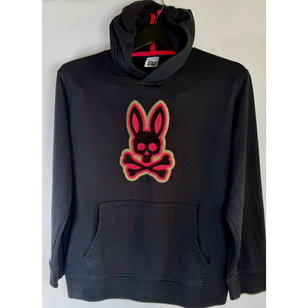 Psycho Bunny Patchin Chenille Bunny Logo Hoodie Black Kids XL 18/20 women's sm